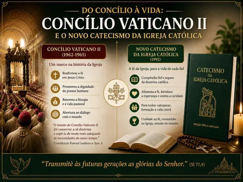 Infográfico do guia: 'Concílio Vaticano II e o novo Catecismo da Igreja Católica (1992)'.