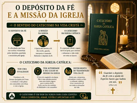Infográfico do guia: 'O Depósito da Fé e a Missão da Igreja'.