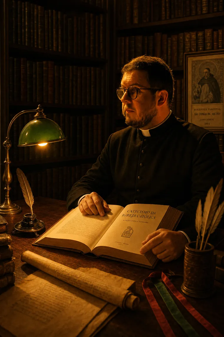 Pe. Murilo Guesser estudando o Catecismo sob luminária de latão, atmosfera de tratado teológico.